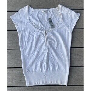 Y2K Cache White Zip Front Lace Trim Fitted Knit Top Rhinestone Zipper